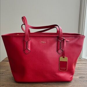 Like NEW! Lauren Ralph Lauren Tate Classic Saffiano red leather  Tote